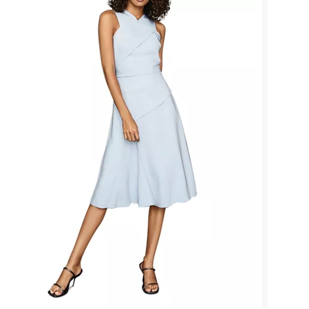 NWT Reiss Paige Soft Midi Dress Pale Blue Asymmetric Cross Front Size 8ā